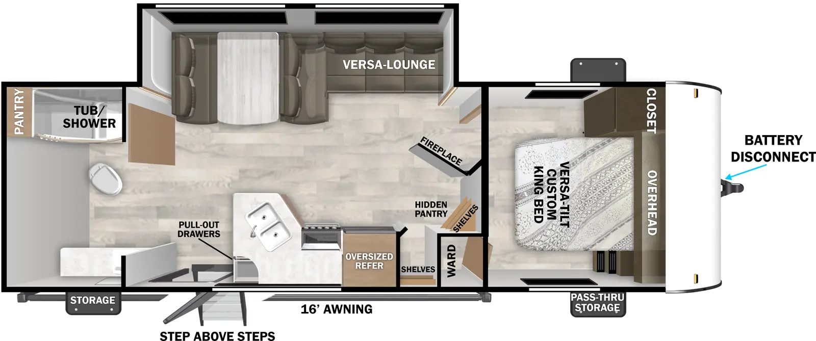 The Cruise Lite 25ICE floorplan has one entry and one slide out. Exterior features include: metal exterior and 16' awning. Interiors features include: front bedroom and rear bathroom.